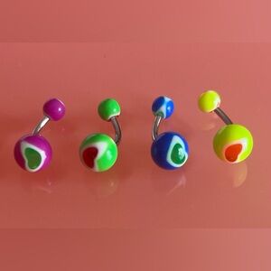 Set of 4 Heart Belly Button Rings - Green, Yellow, Blue, and Purple 💖✨🌈
